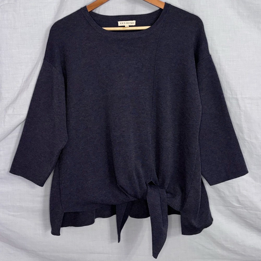 Retrology Dark Cornflower Blue, Asymmetrical Hem with Front-Tie Sweater in 1X